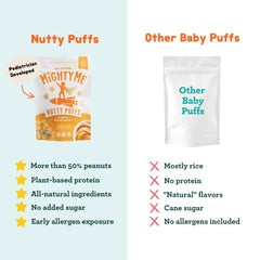 Vegan and gluten-free badges appear on Nutty Puffs packaging.