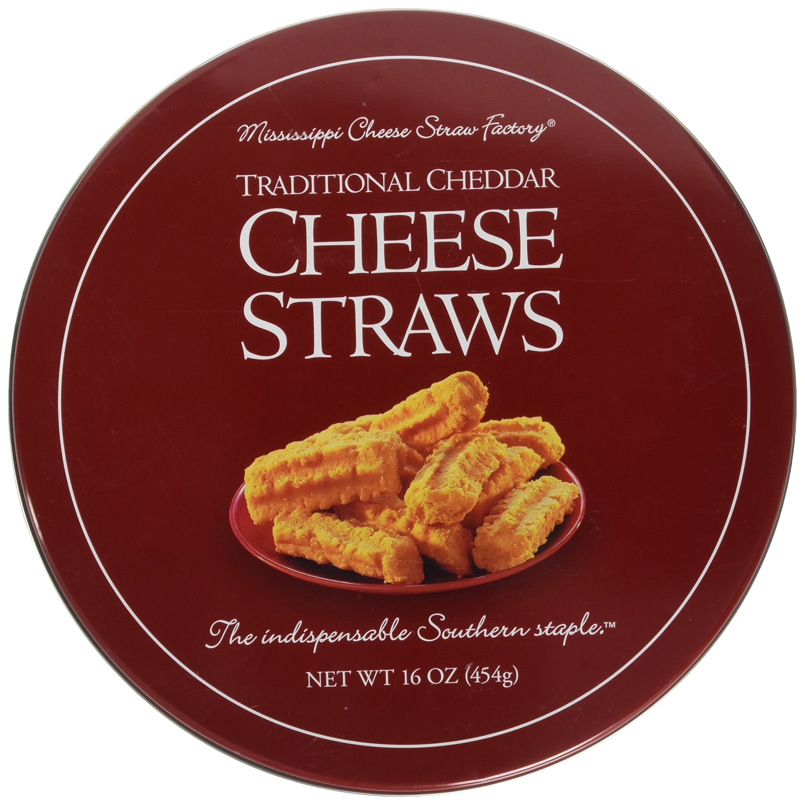 Mississippi Cheese Straw Factory traditional cheddar cheese straws gift tin front view premium snack for entertaining.