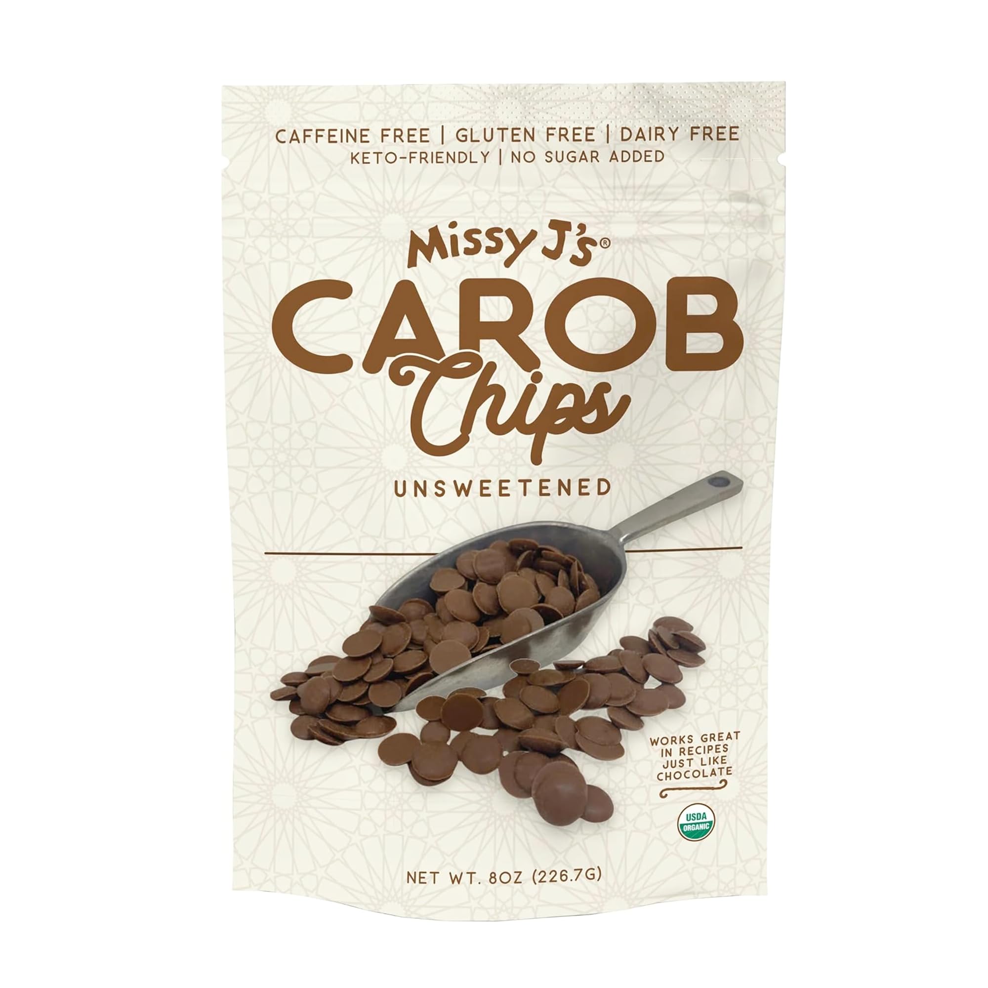 Missy J's Carob Chips 8oz packshot, vegan and gluten-free snacking option