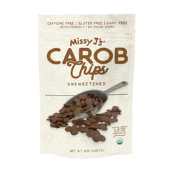 Missy J's Carob Chips 8oz packshot, vegan and gluten-free snacking option