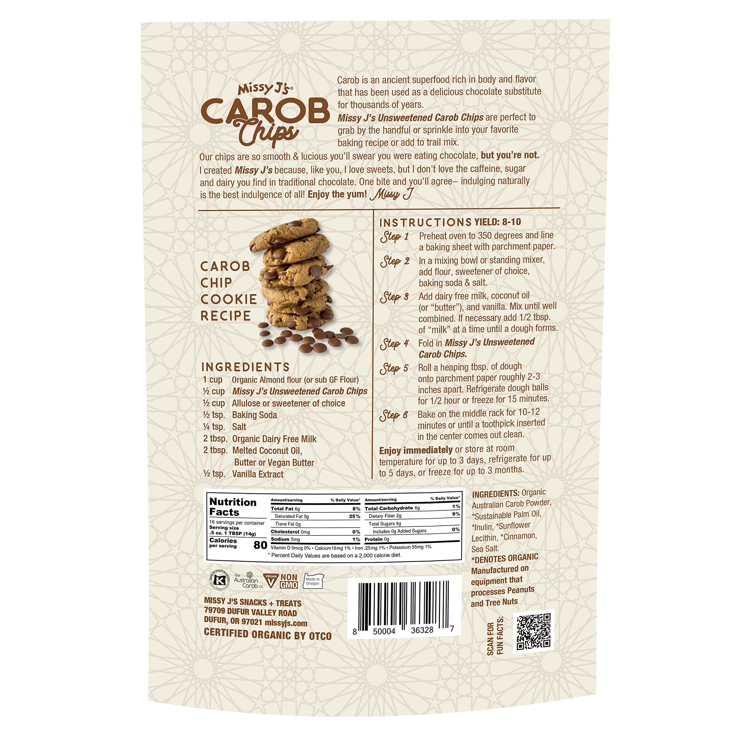 Missy J's organic ingredients label highlights organic, non-GMO, and gluten-free claims