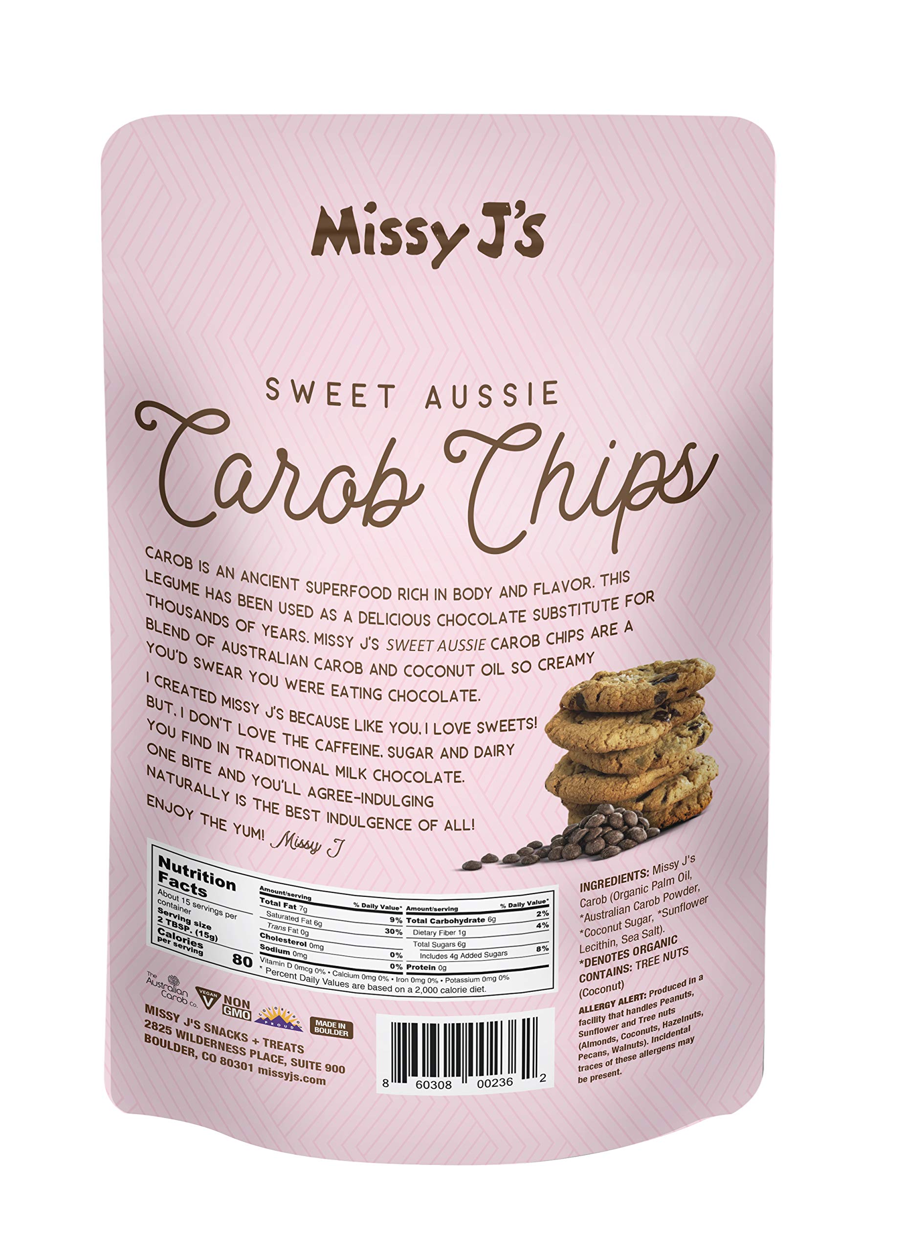 Missy J's Carob Chips melting on a baking surface, vegan and gluten-free.