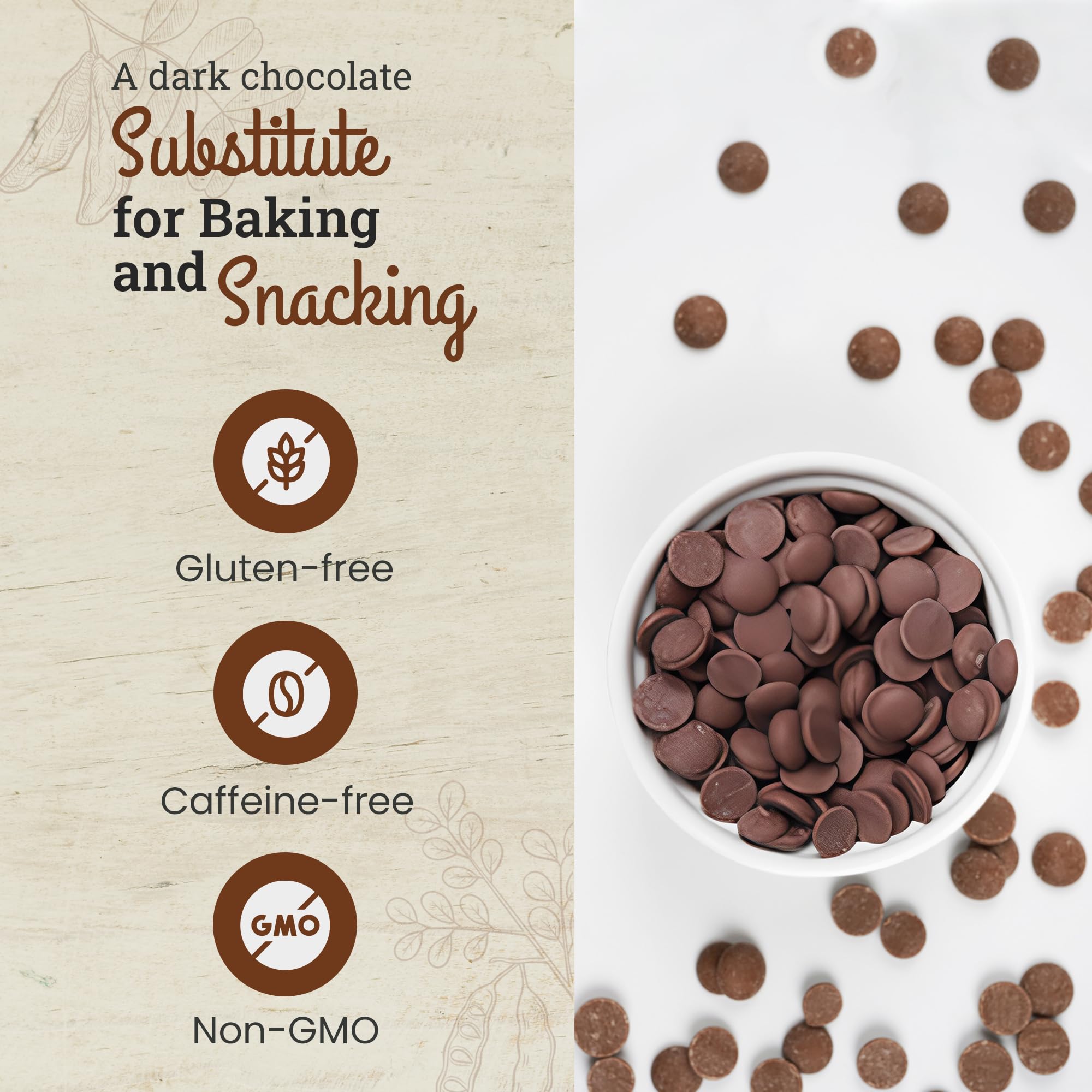 Missy J's carob chips packaging highlights eco-friendly sourcing and palm oil values