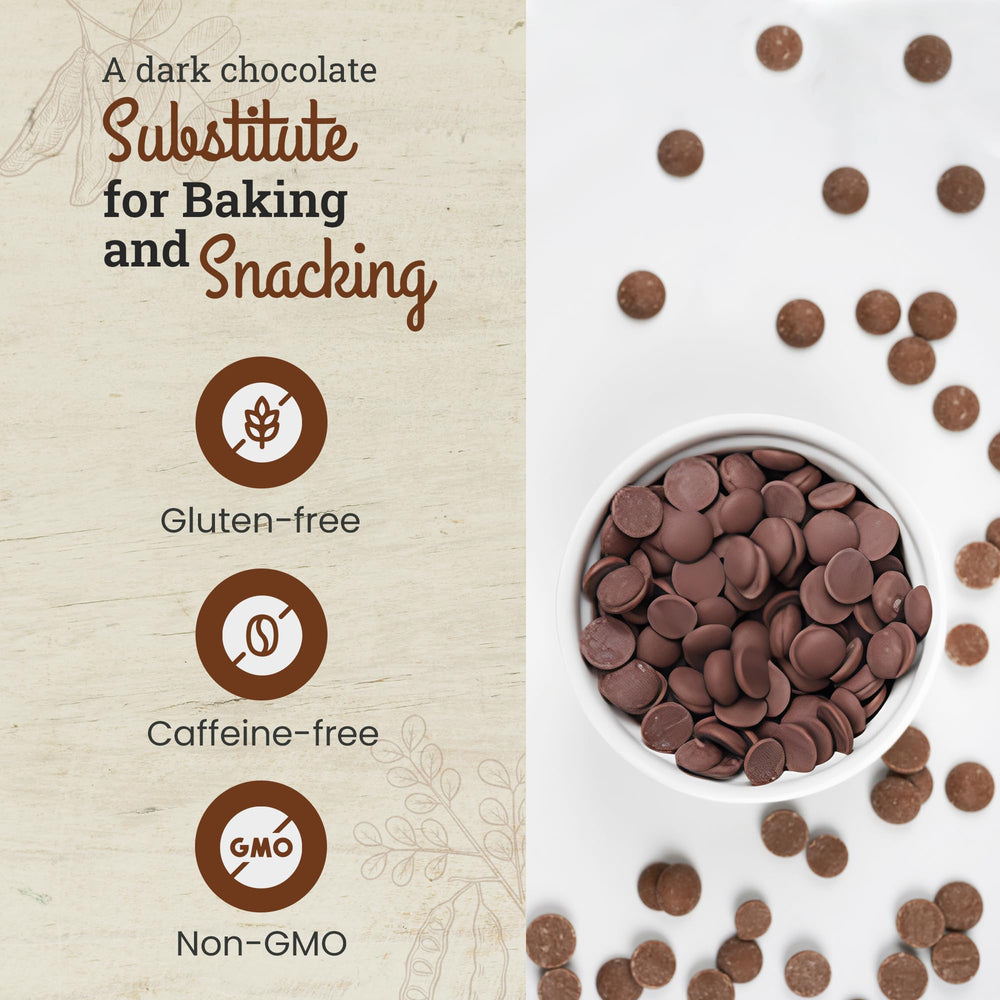 Missy J's carob chips packaging highlights eco-friendly sourcing and palm oil values