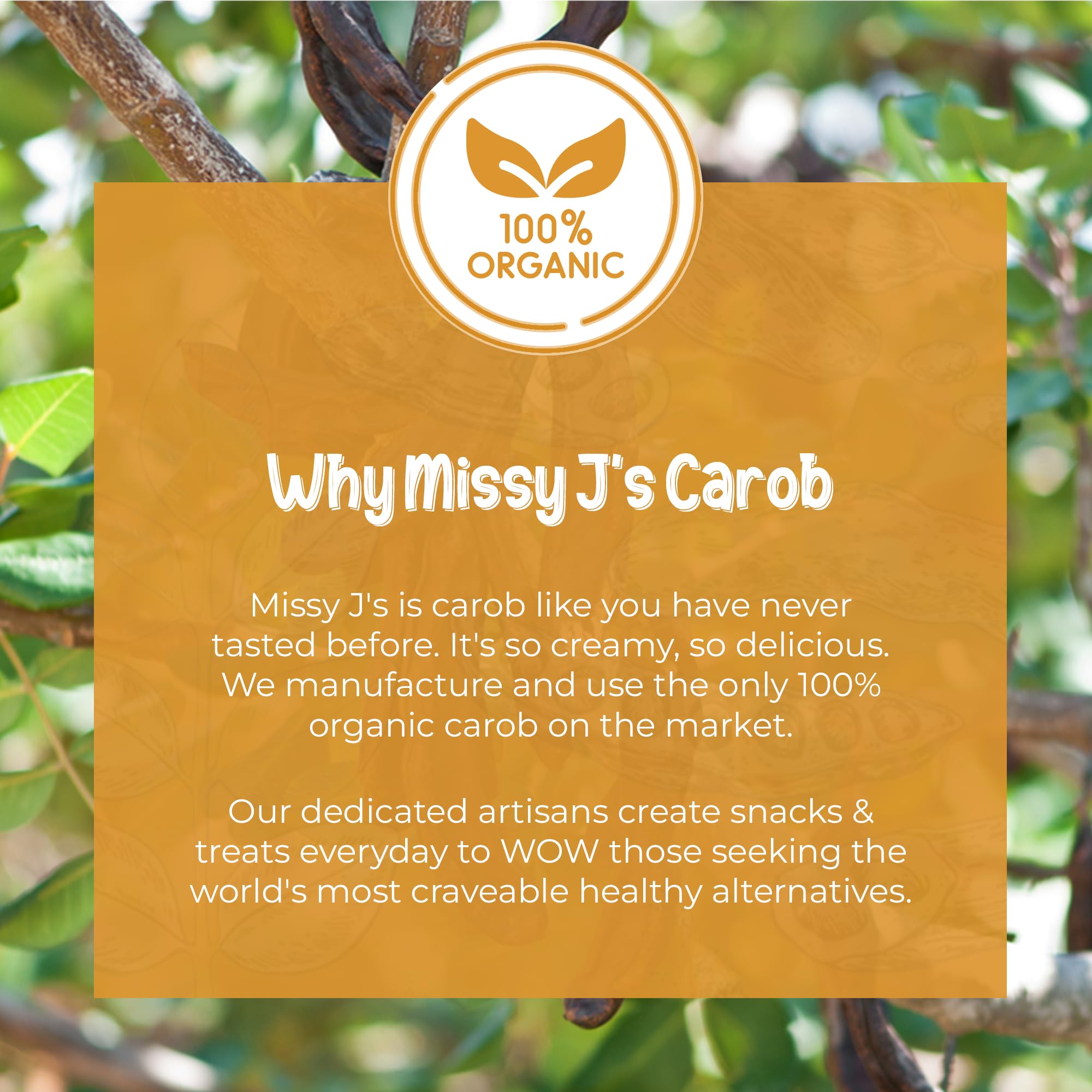 Missy J's Organic Carob Cups brand packaging with logo and eco-friendly vibe