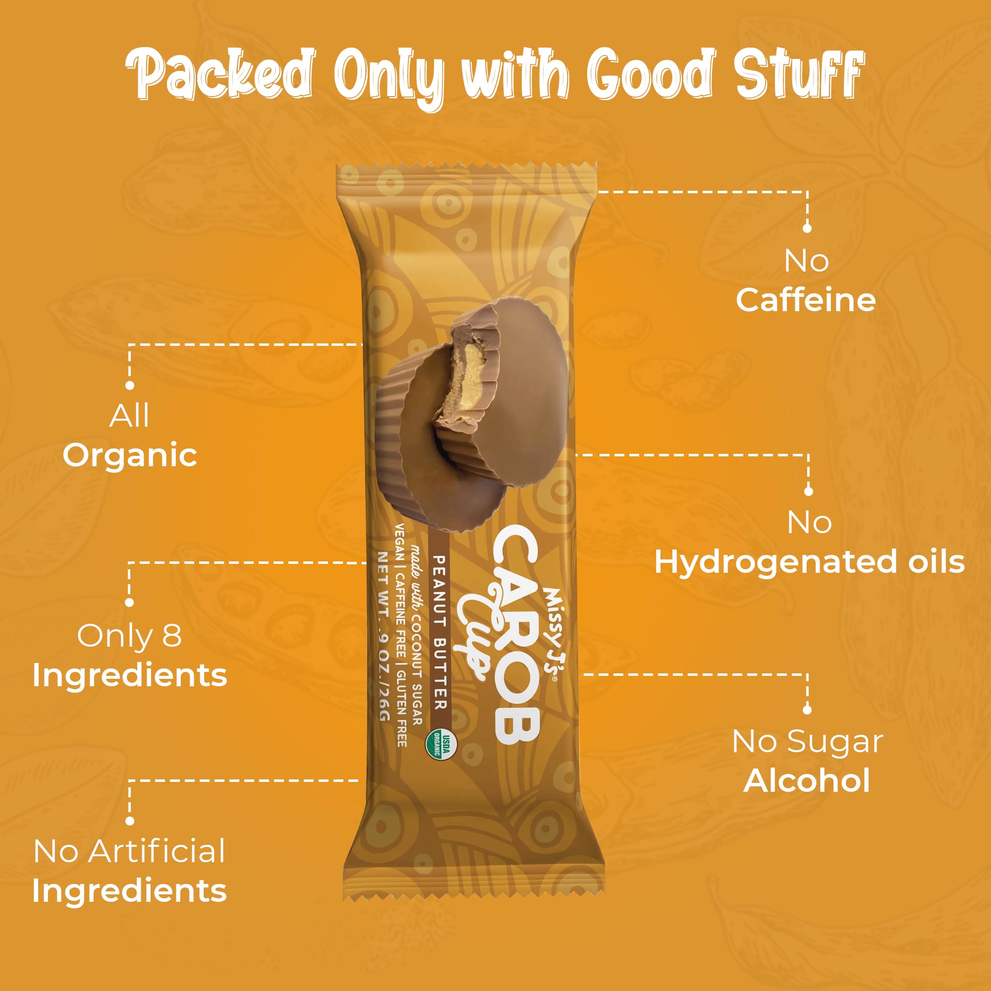 Missy J's Carob Cups vegan and gluten-free icons on packaging