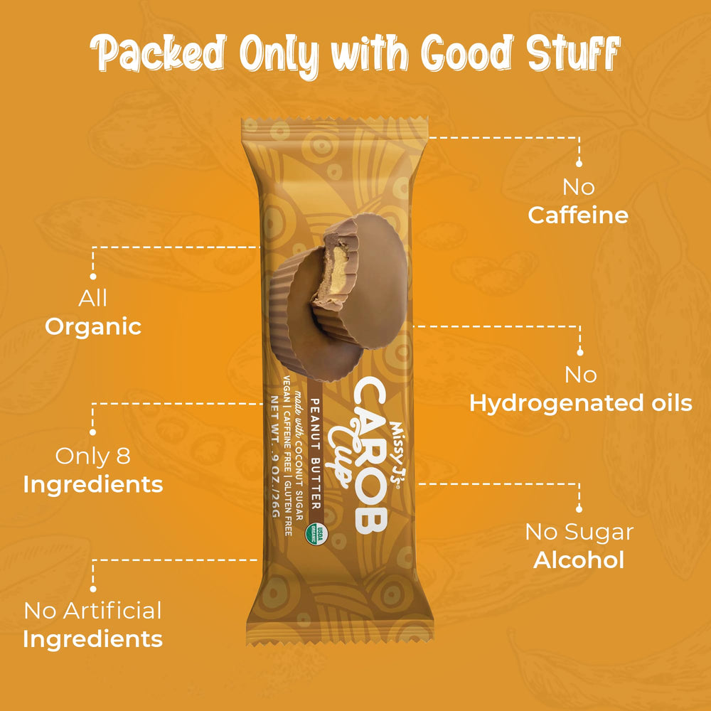 Missy J's Carob Cups vegan and gluten-free icons on packaging
