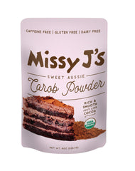 Missy J's Organic Sweet Aussie Carob Powder bag shows a dairy-free, chocolate-like flavor ideal for baking.