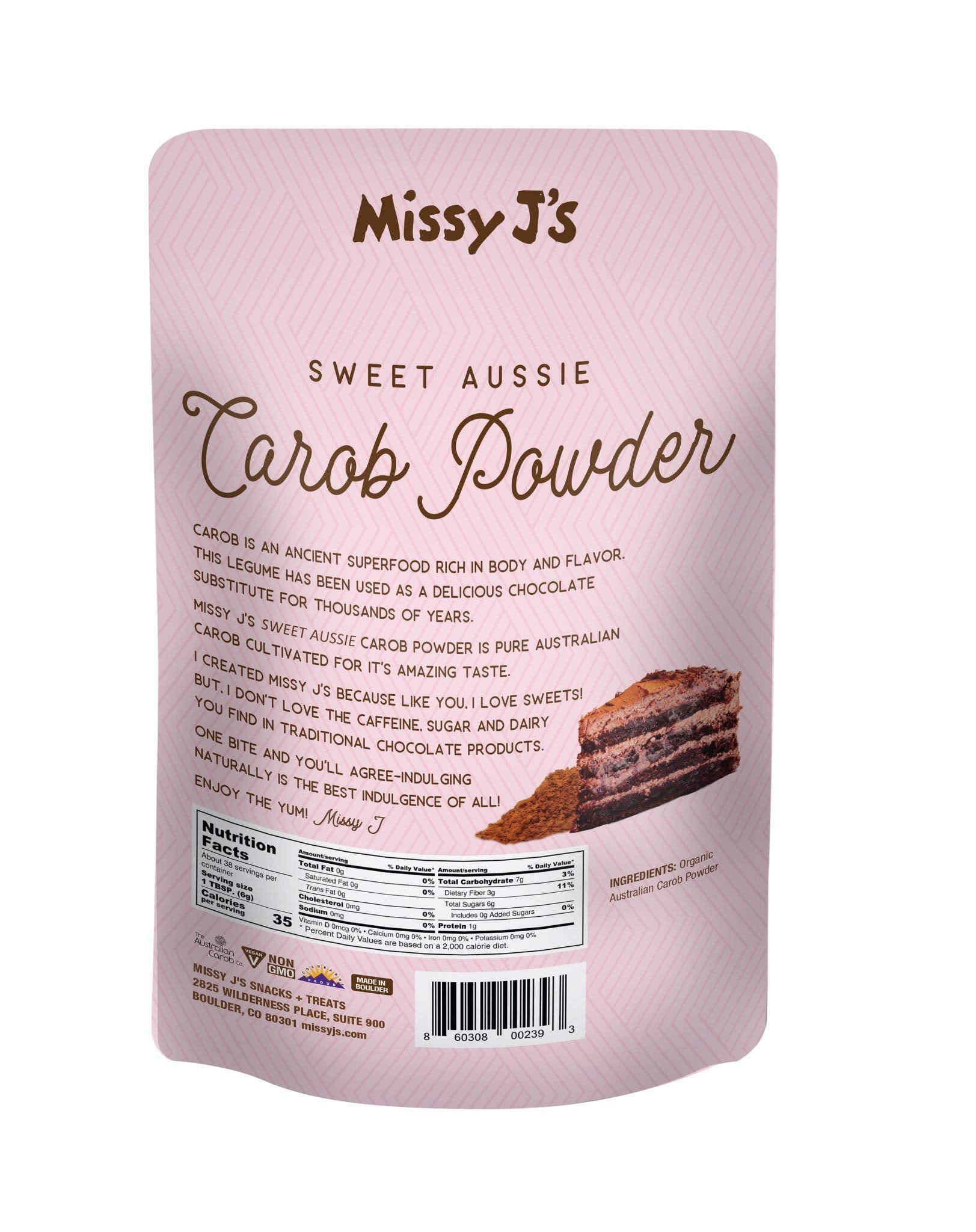 Missy J's carob powder jar—great for smoothies, hot drinks, and baking.