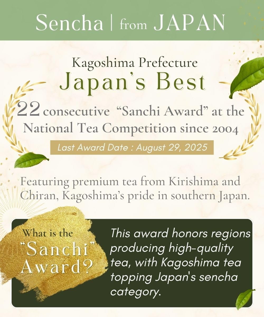 Misty Leaf Kagoshima-origin sencha from Chiran and Kirishima for premium flavor.