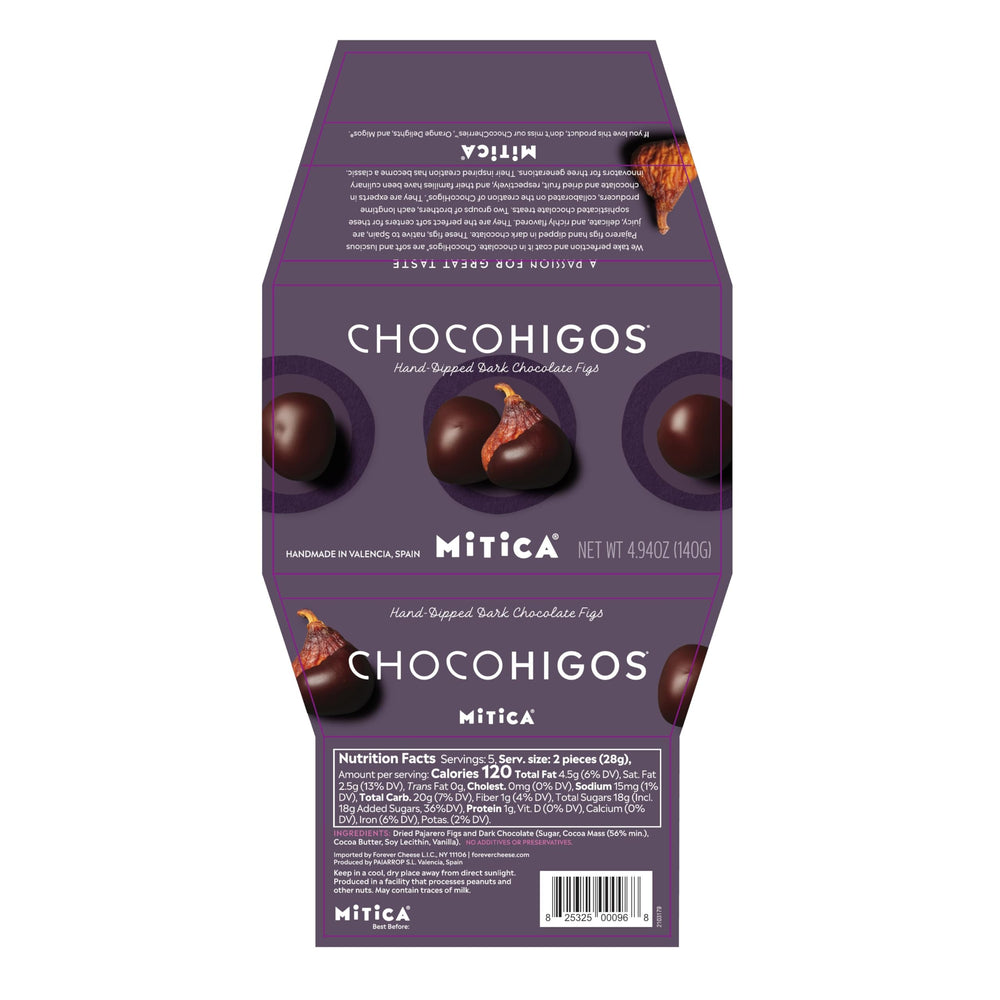 Mitica ChocoHigos packaging with hand-dipped figs, premium snack experience.