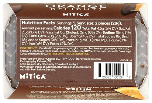 Mitica candied oranges box closeup highlighting premium ingredients.