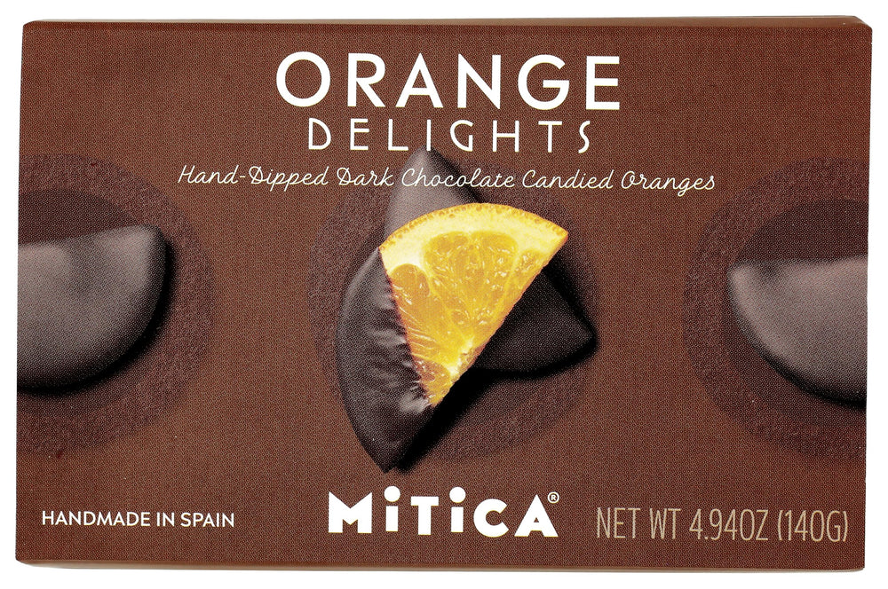 Mitica chocolate candied oranges packaging for gifting and display.