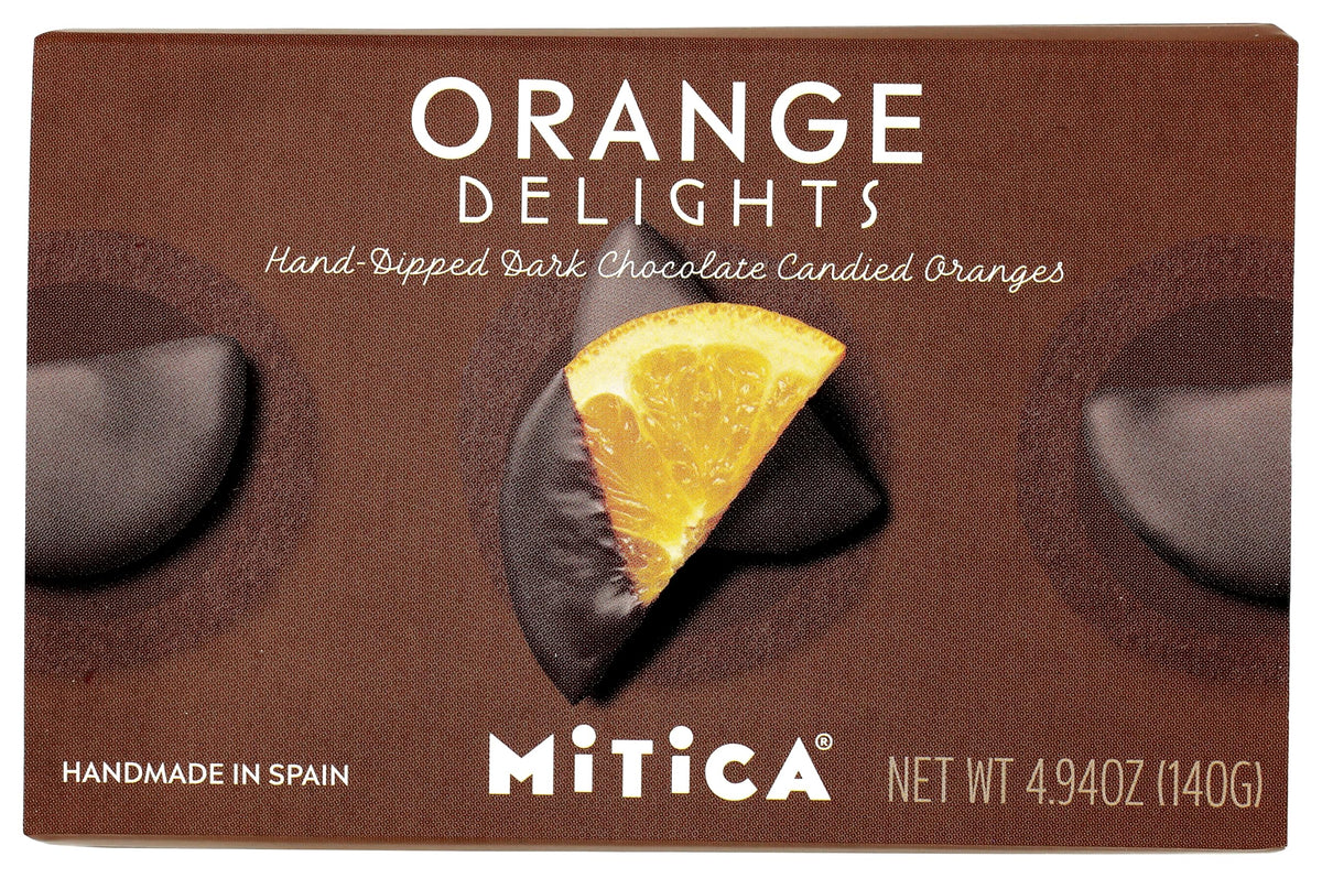 Mitica chocolate candied oranges packaging for gifting and display.