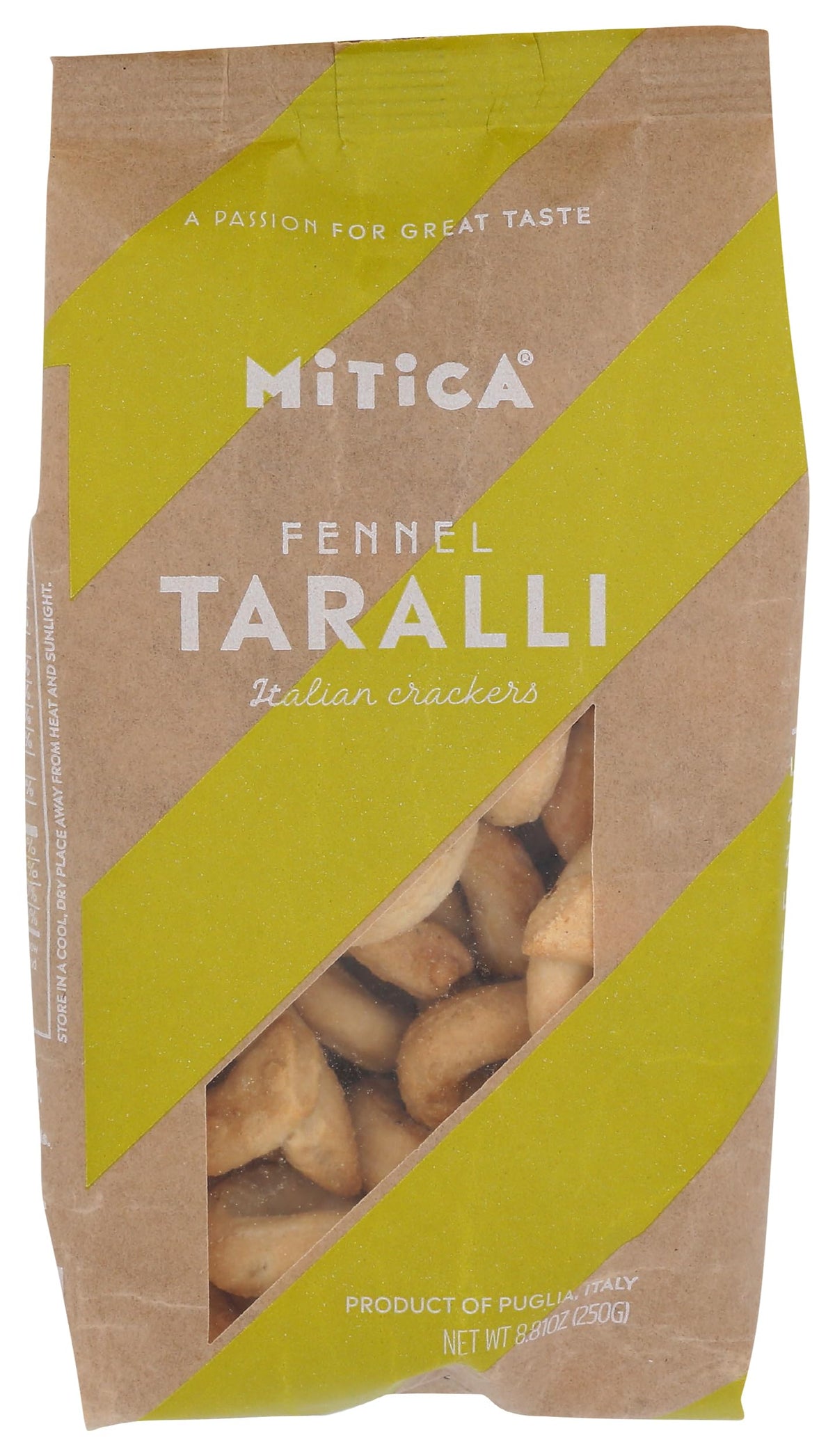 Mitica fennel taralli packed in an 8oz bag for pantry snacks.