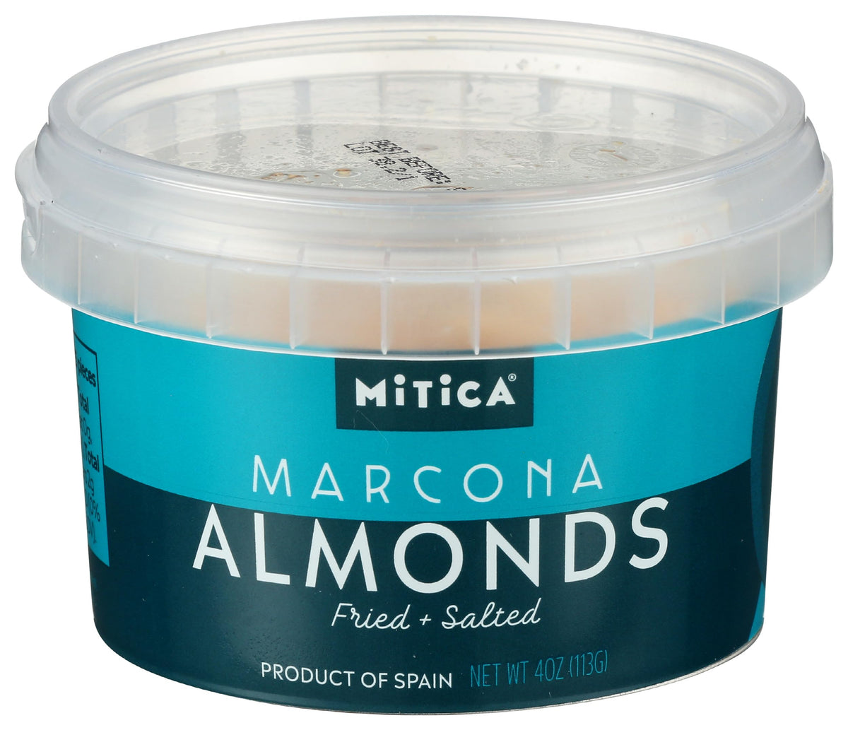 Mitica Marcona almonds in a tub, ready for snacking and sharing.