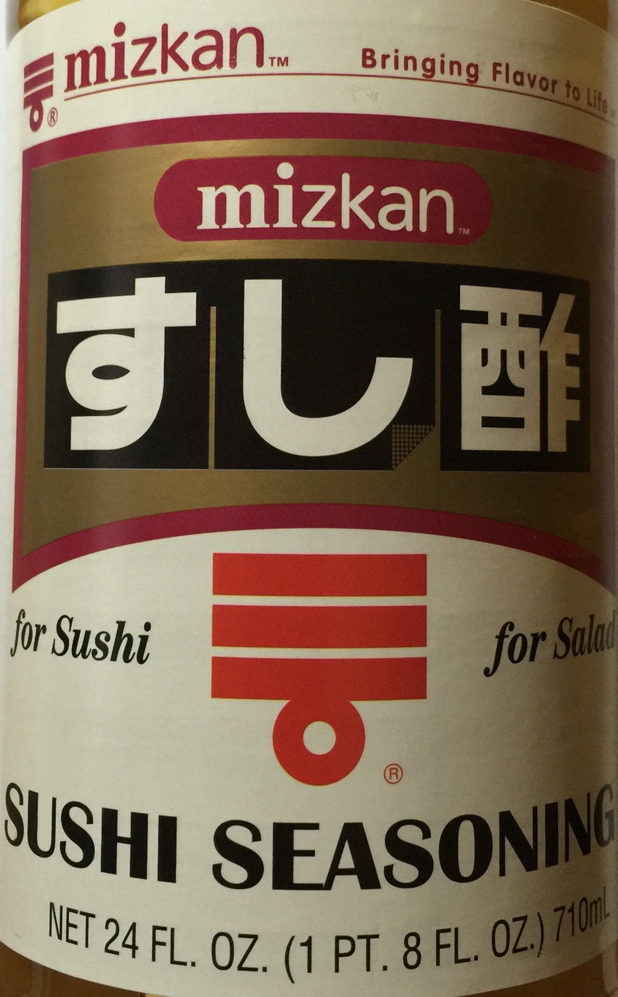 Mizkan Vinegar Sushi Seasoning label closeup highlights quality ingredients for meals.
