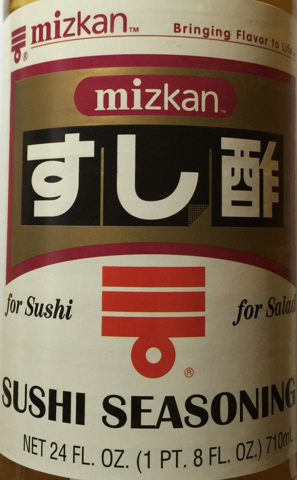 Mizkan Vinegar Sushi Seasoning label closeup highlights quality ingredients for meals.