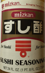 Mizkan Vinegar Sushi Seasoning label closeup highlights quality ingredients for meals.