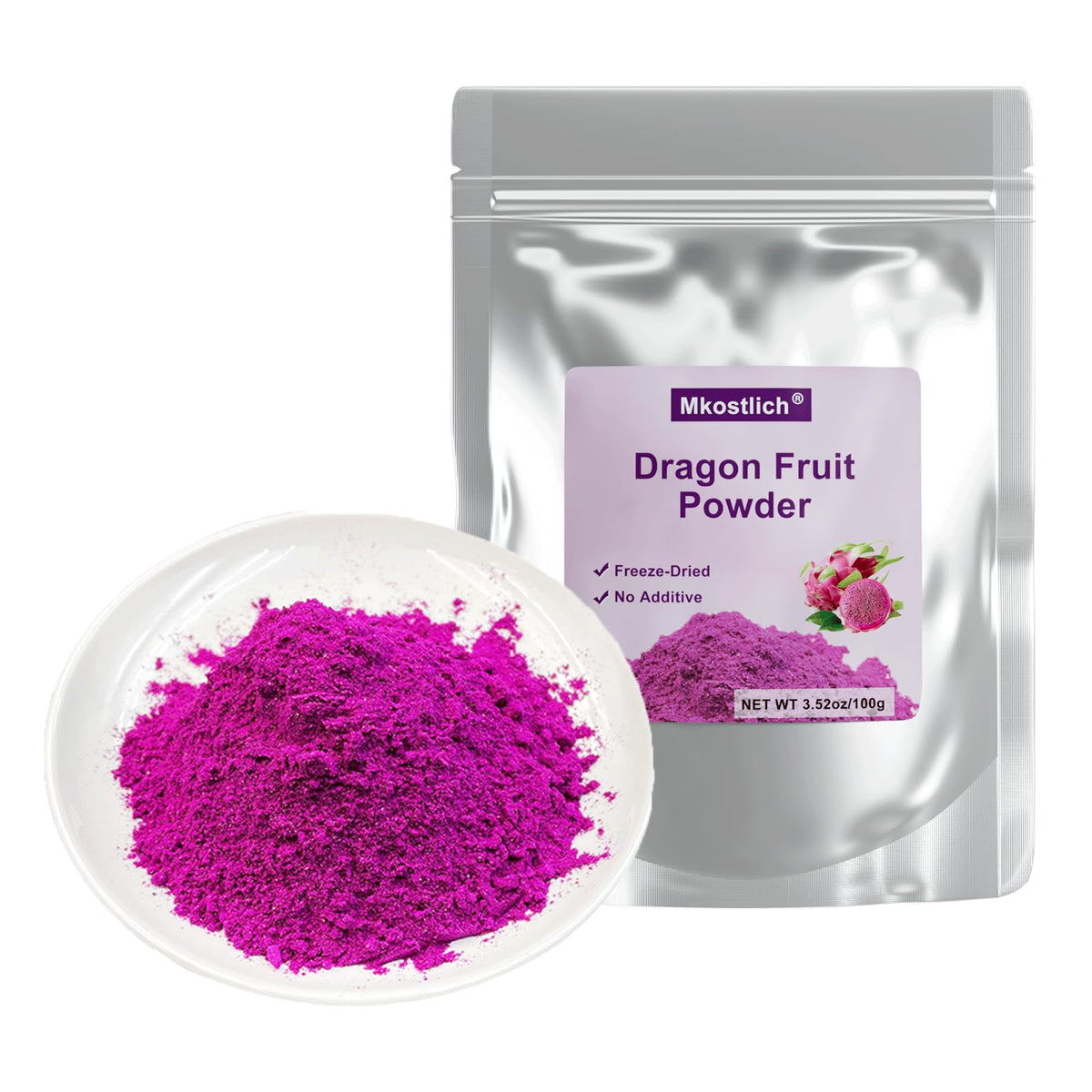 Mkostlich Dragon Fruit Powder sealed pack showcases freshness and vibrant color for baking.
