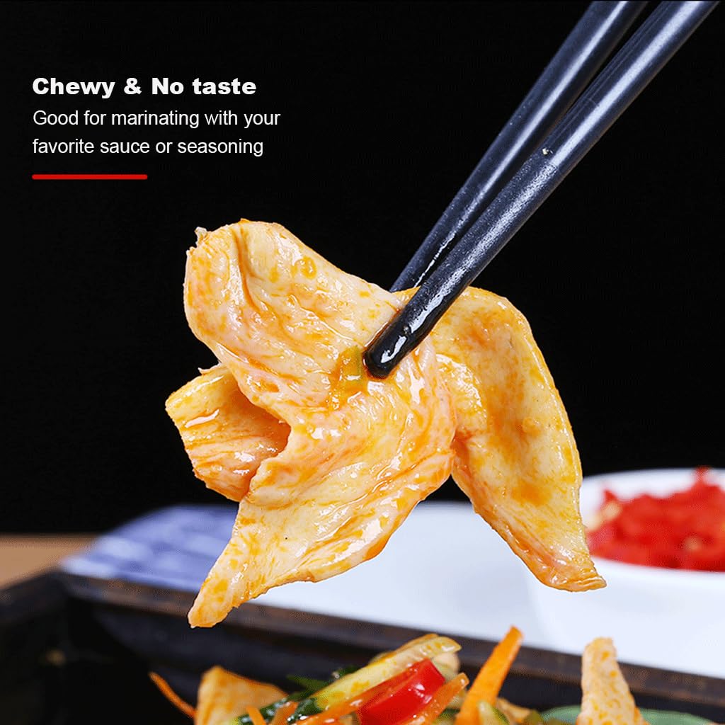 Mkostlich dried soy strips texture close-up reveals chewy bite and natural soy flavor