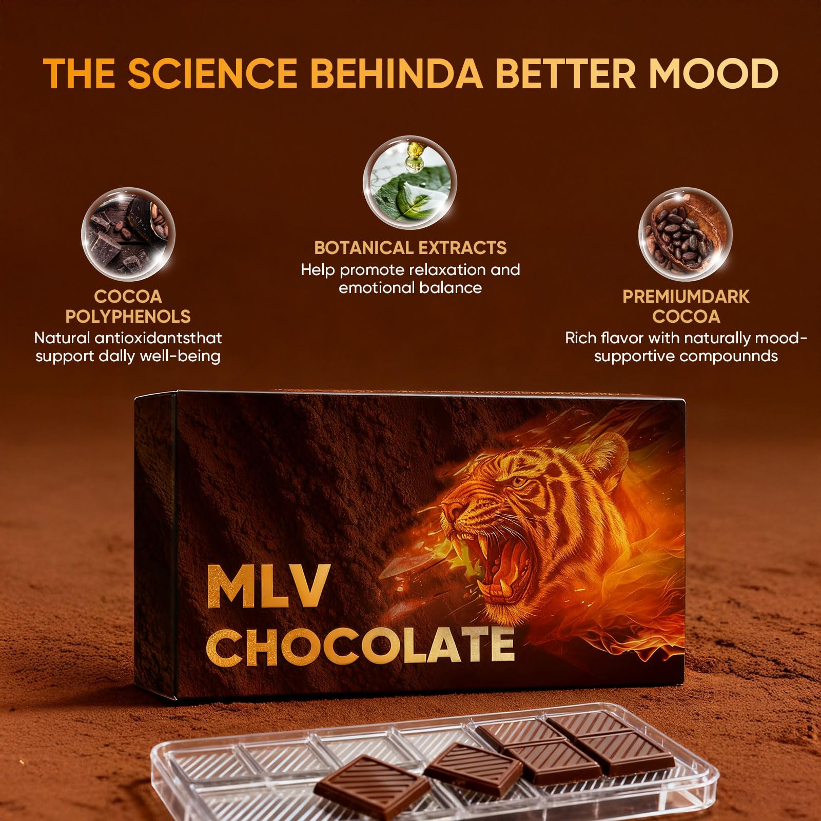 Close-up of MLV Chocolate showing smooth texture and rich cocoa notes.