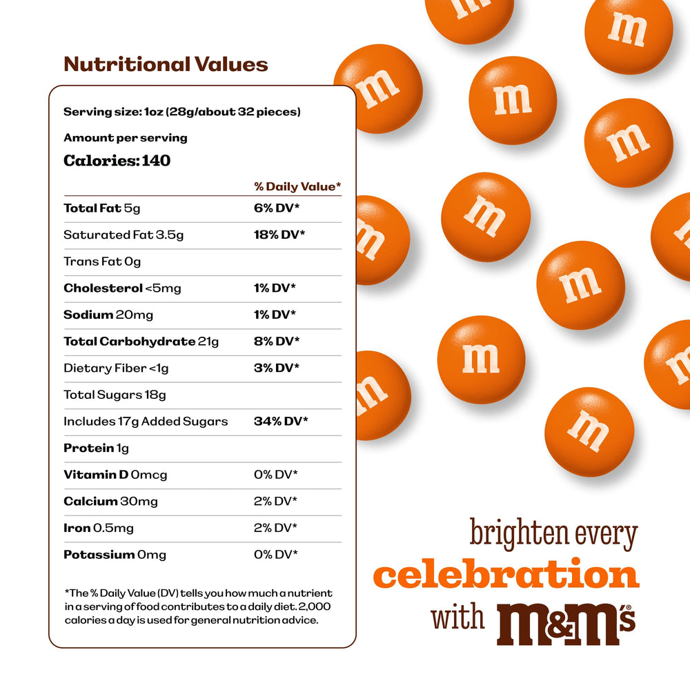 M&M's World orange chocolates in resealable pack preserve freshness.