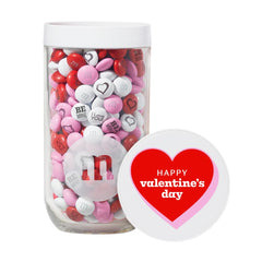 M&M’S World lid design highlighting Happy Valentine’s Day motif and premium presentation.