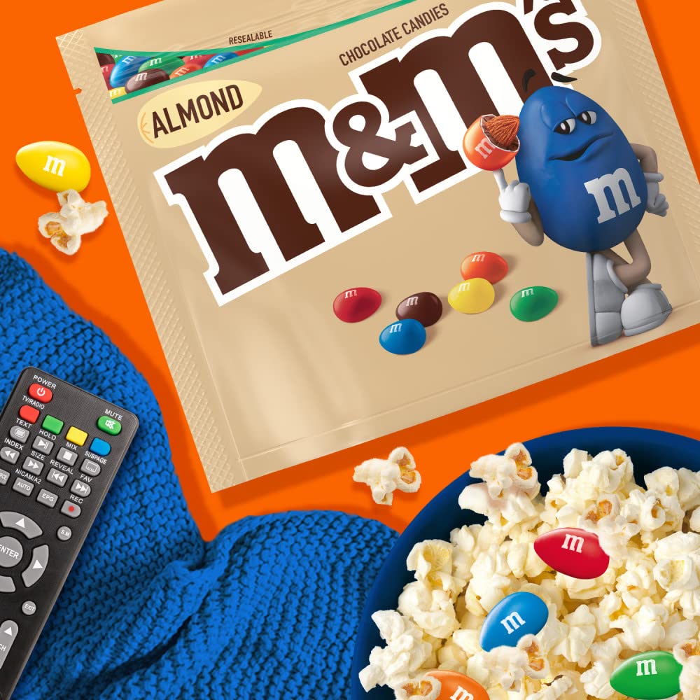 M&M'S almond chocolate bulk bags stored in pantry.