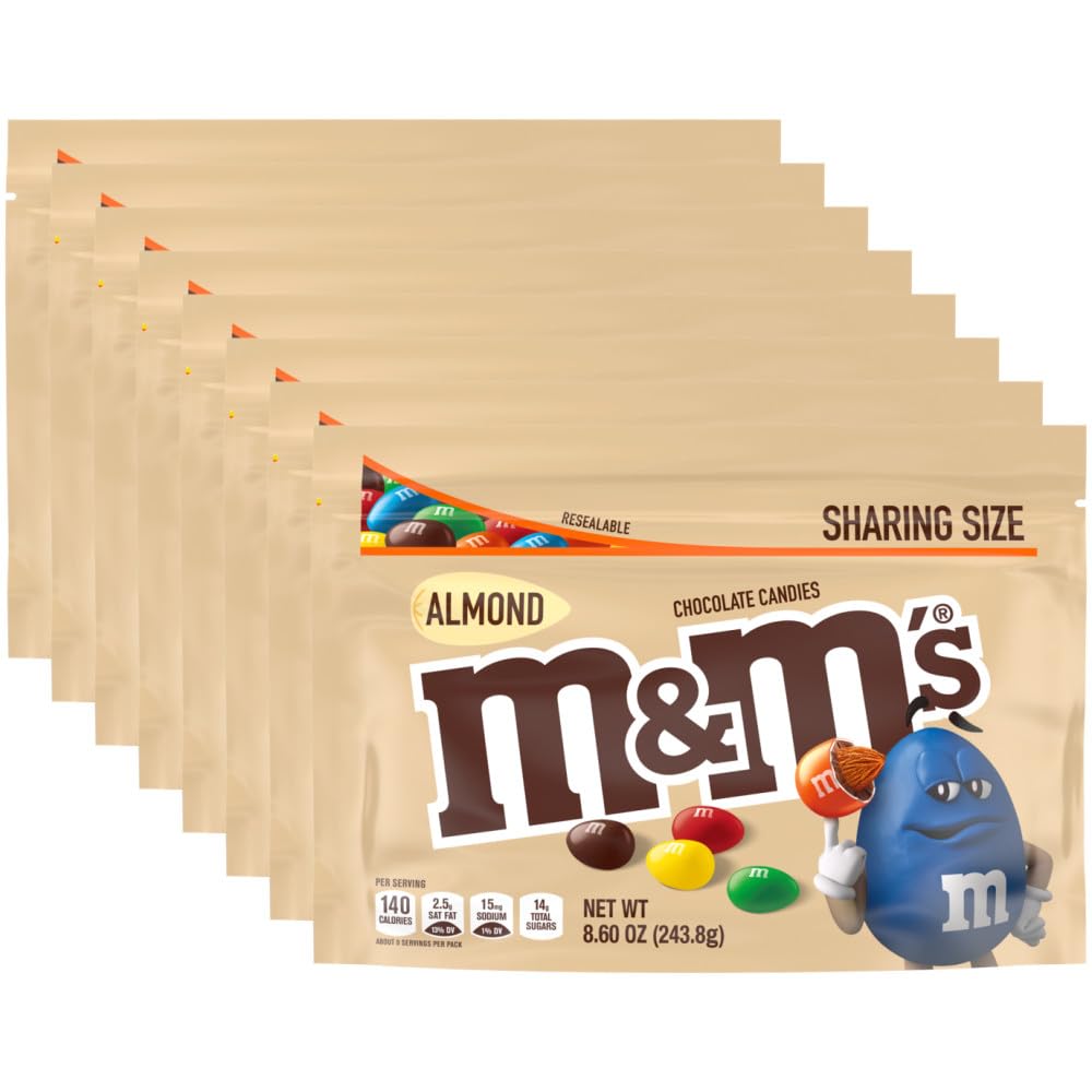 M&M'S Almond Milk Chocolate Candy packaging with eight resealable bags for sharing.