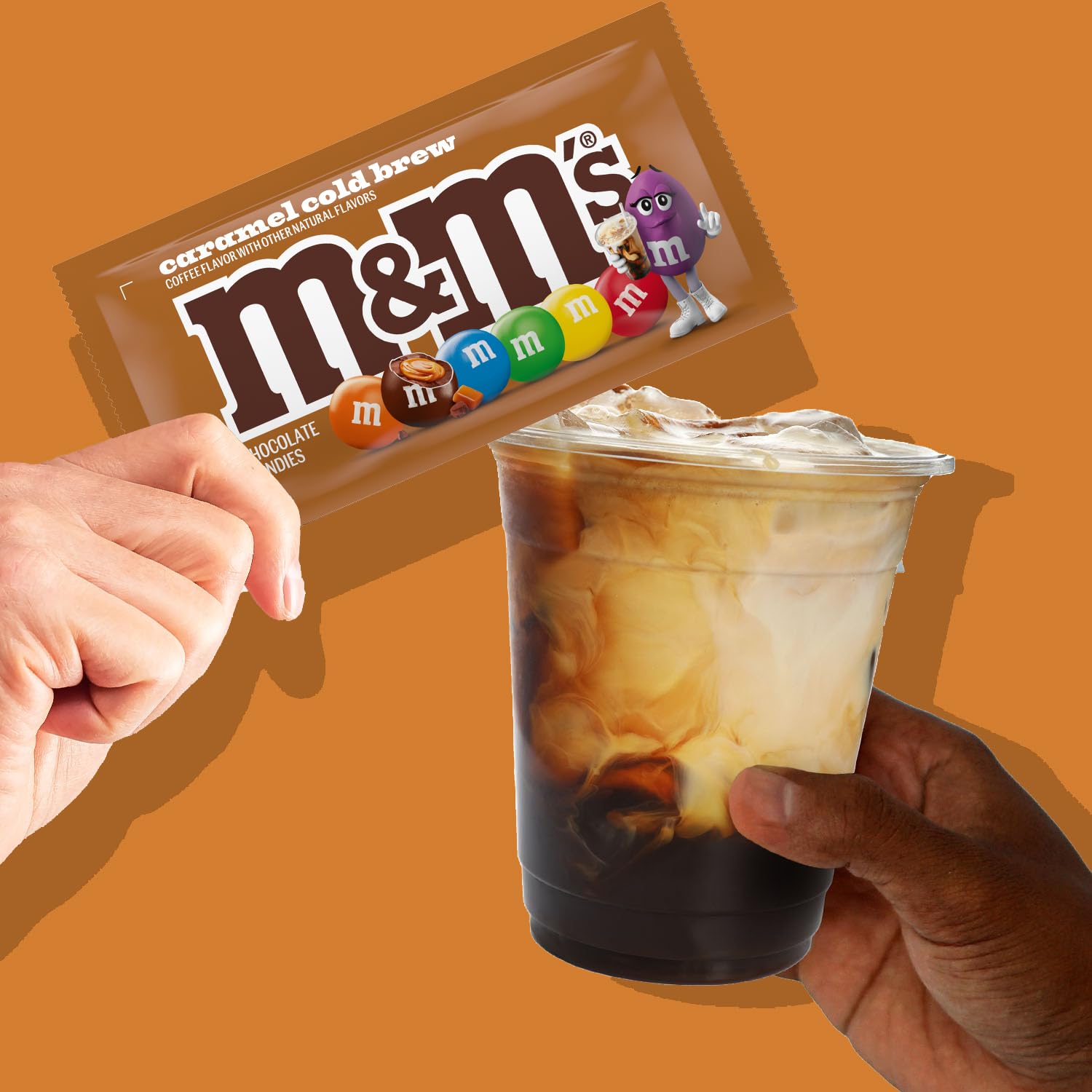 M&M'S Caramel Cold Brew packs arranged as party favors