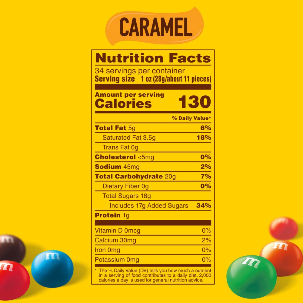 M&M'S Caramel Milk Chocolate close-up shows chewy caramel center behind a colorful shell