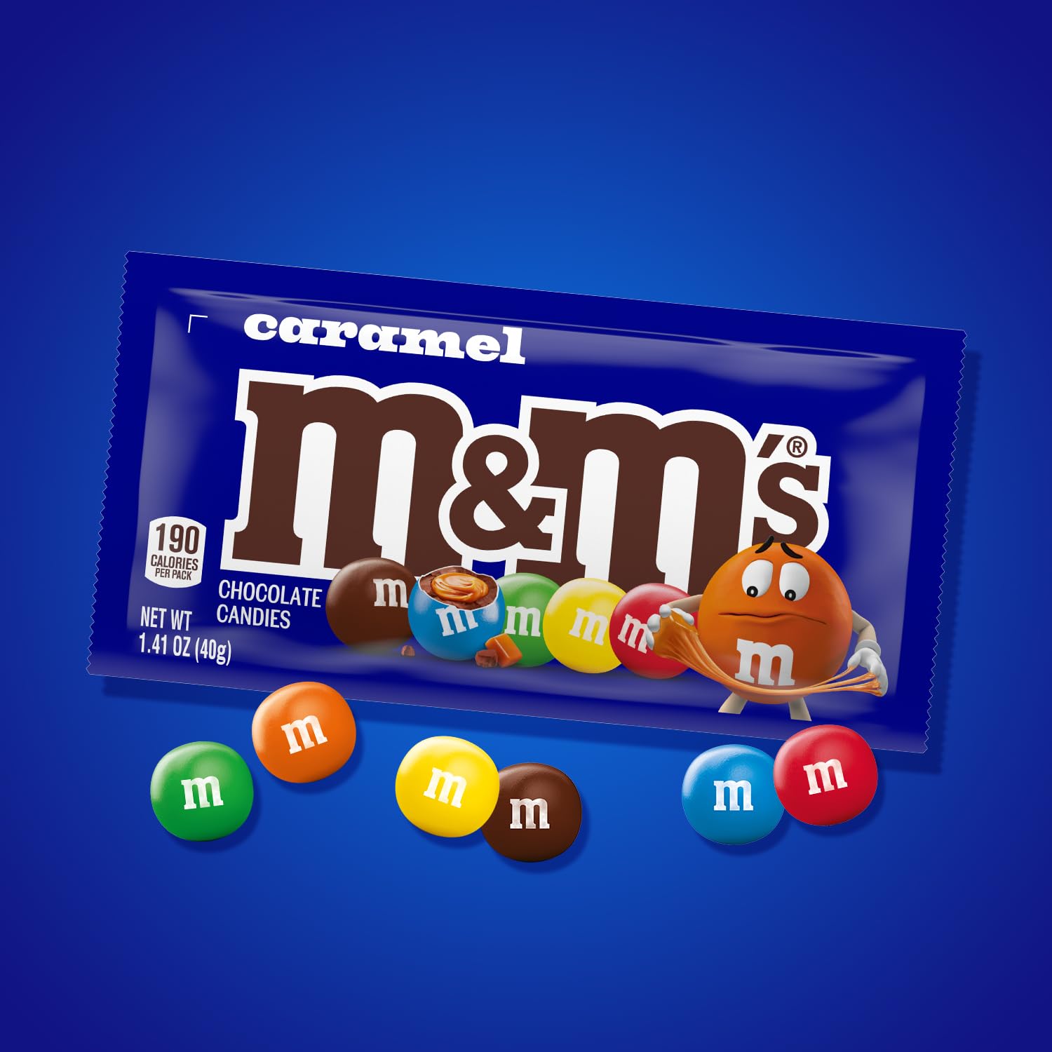 Soft caramel center inside creamy milk chocolate with vibrant shell