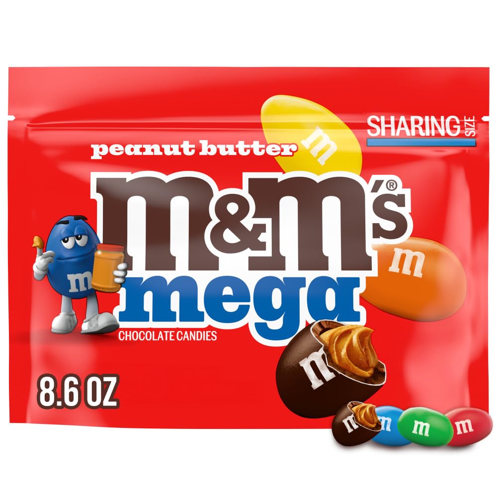 M&M's Mega Peanut Butter bag close-up for sharing and tasting.