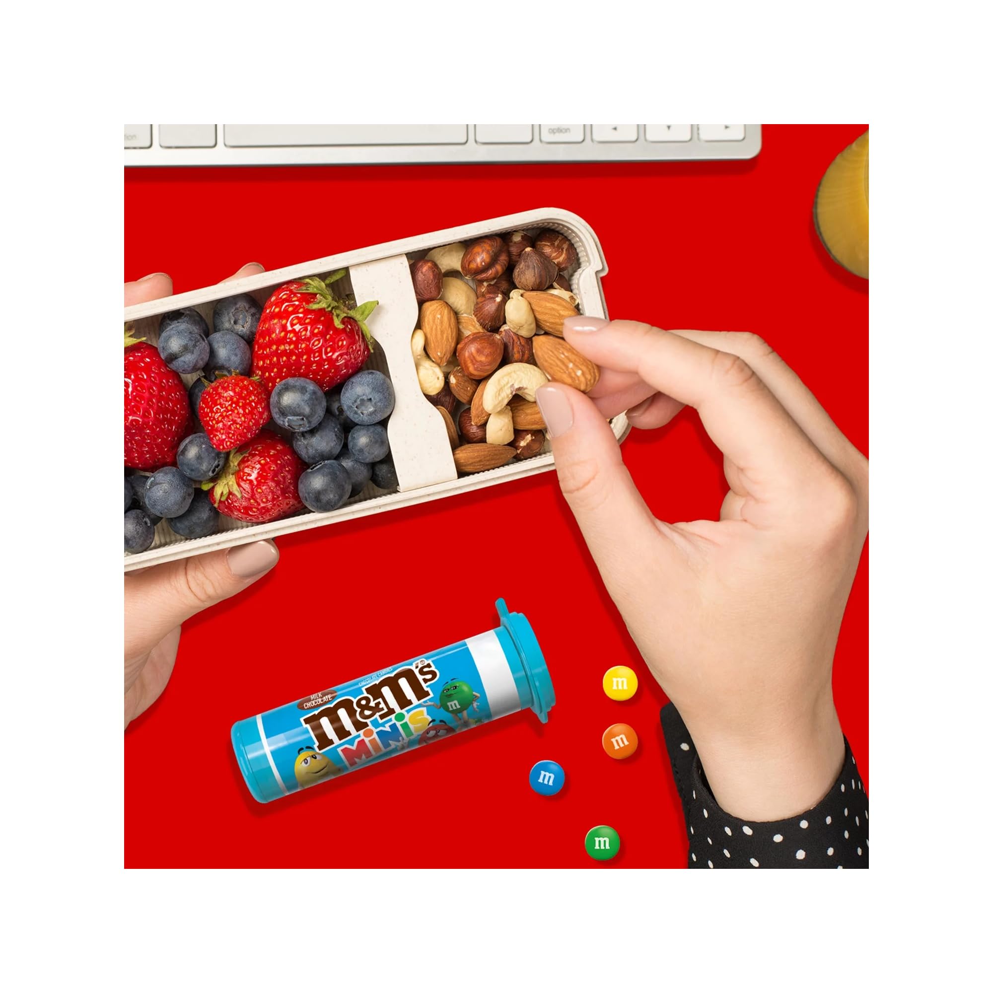 M&M's Minis Tubes office snack on desk, quick mood booster.