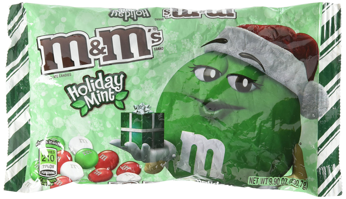 M&M's Mint Chocolate red-green-white bags for festive snacking.
