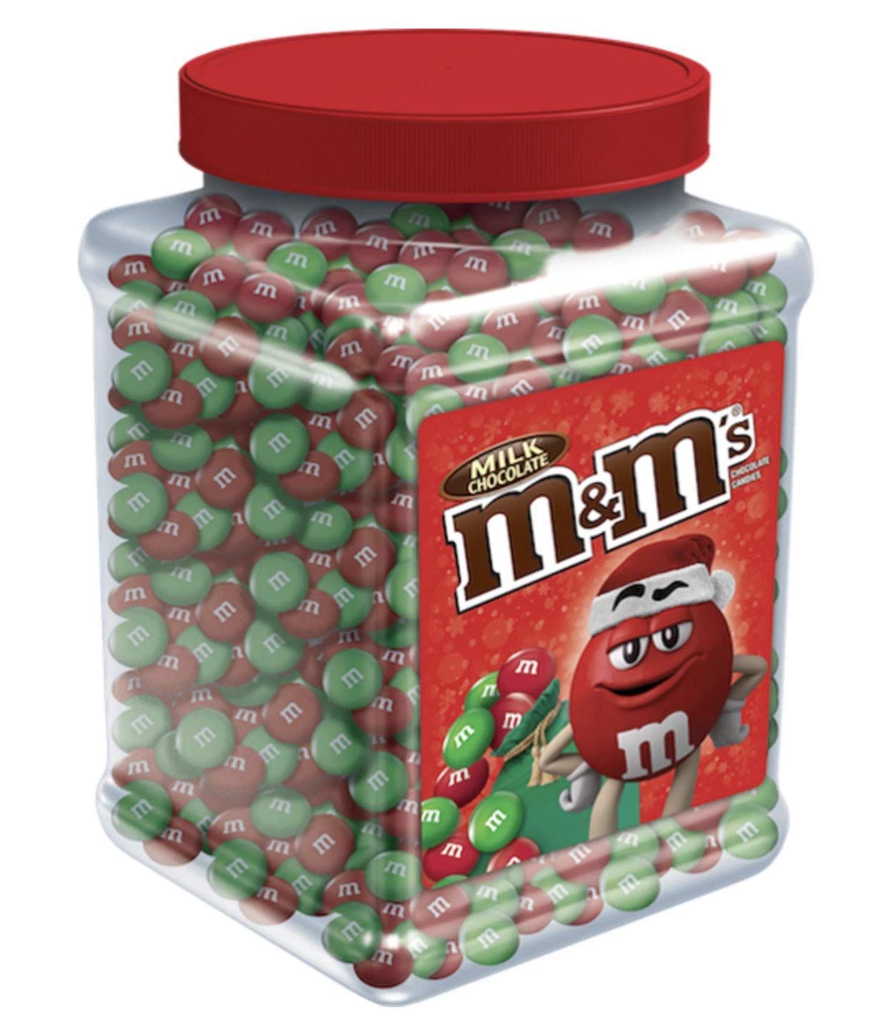 M&M's party bowl filled with red-green treats for celebrations.