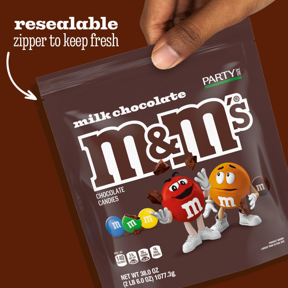 M&M's party table bulk bag on display supports gatherings and celebrations.