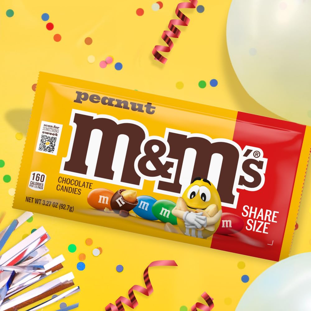 M&M'S Peanut Milk Chocolate party favors in a candy dish setup.