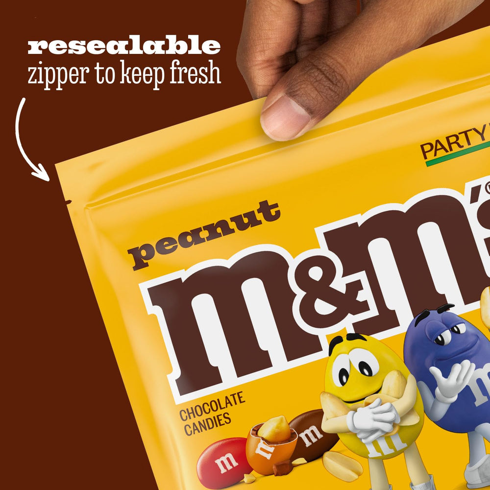 M&M'S Peanut Milk Chocolate close-up showing the peanut center and vibrant shell.