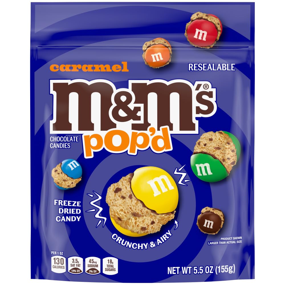 M&M'S Pop'd Caramel bag front view, ideal for sharing during movie night.
