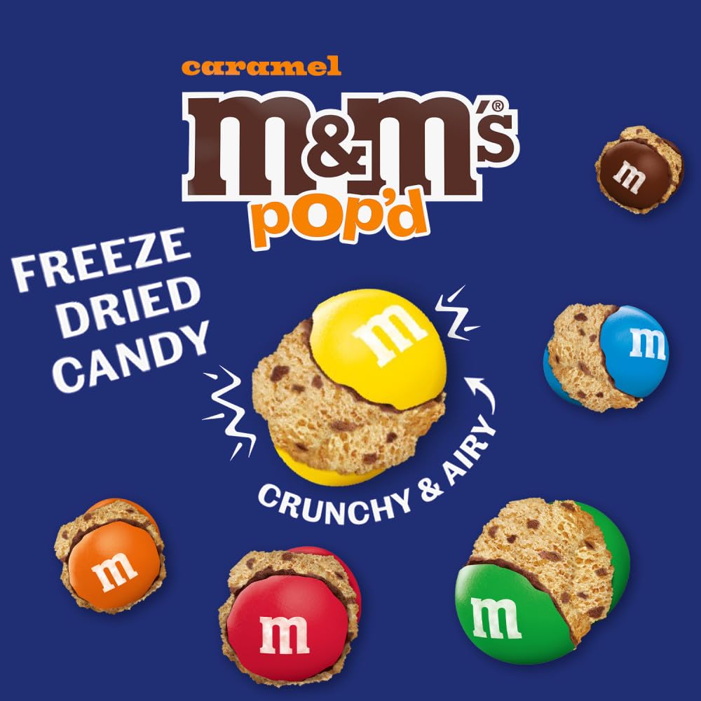 M&M'S Pop'd Caramel bag with resealable closure keeps freshness.