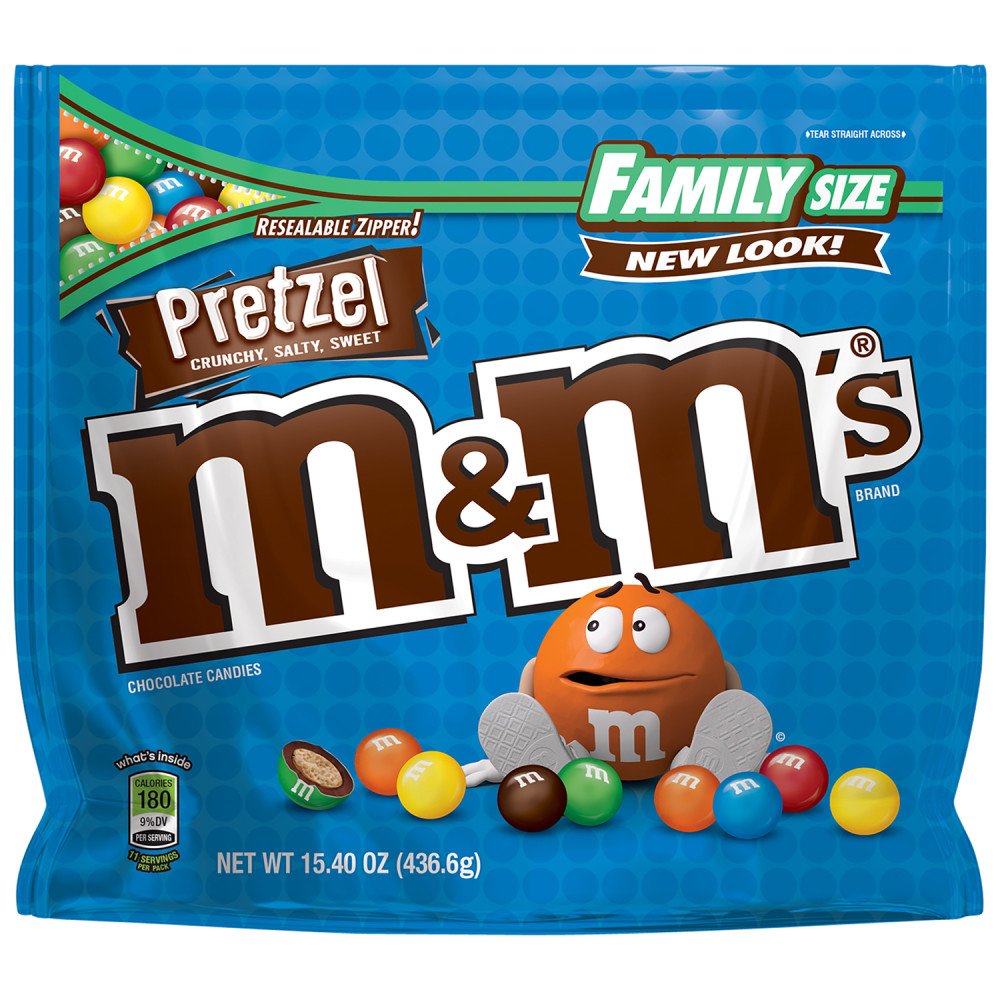M&M's Pretzel Chocolate Candy family-size bag ready for sharing at parties.