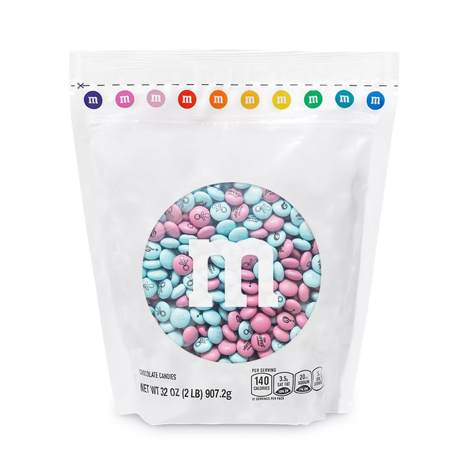 M&M'S World gender reveal blue and pink candies arranged for party display.