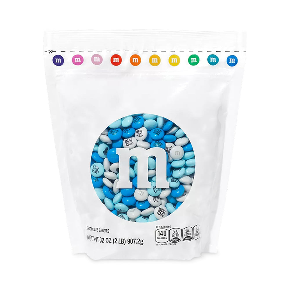M&M’s World It’s A Boy 2lb bag with blue and white candies for baby showers.