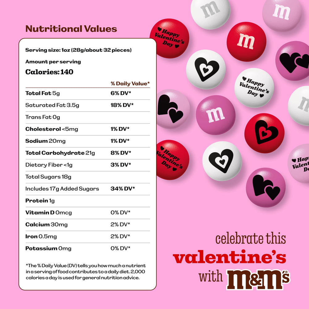 M&M’s World Valentine’s Day packaging with heart designs for festive display.