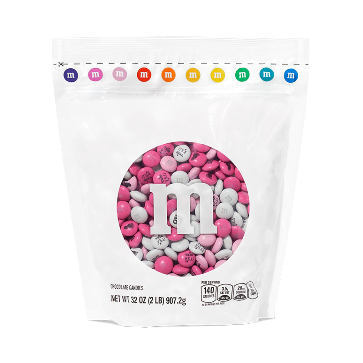 M&M'S World It's A Girl pink and white chocolate candy bag for baby showers.