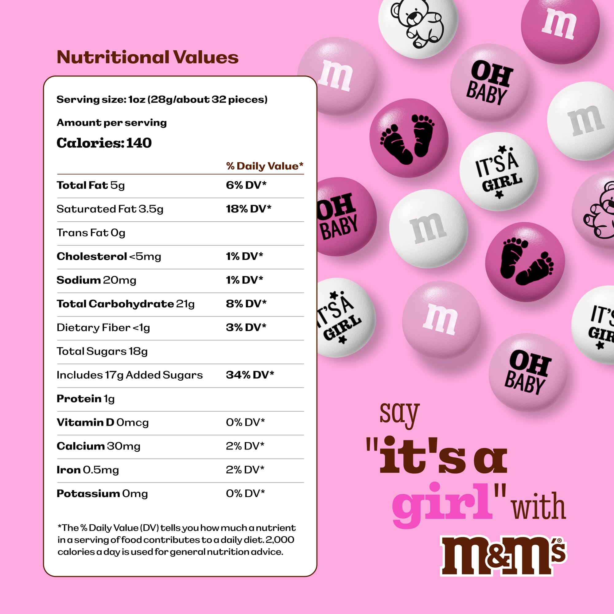 M&M'S World It's A Girl candy with pink and white colors for baby showers.