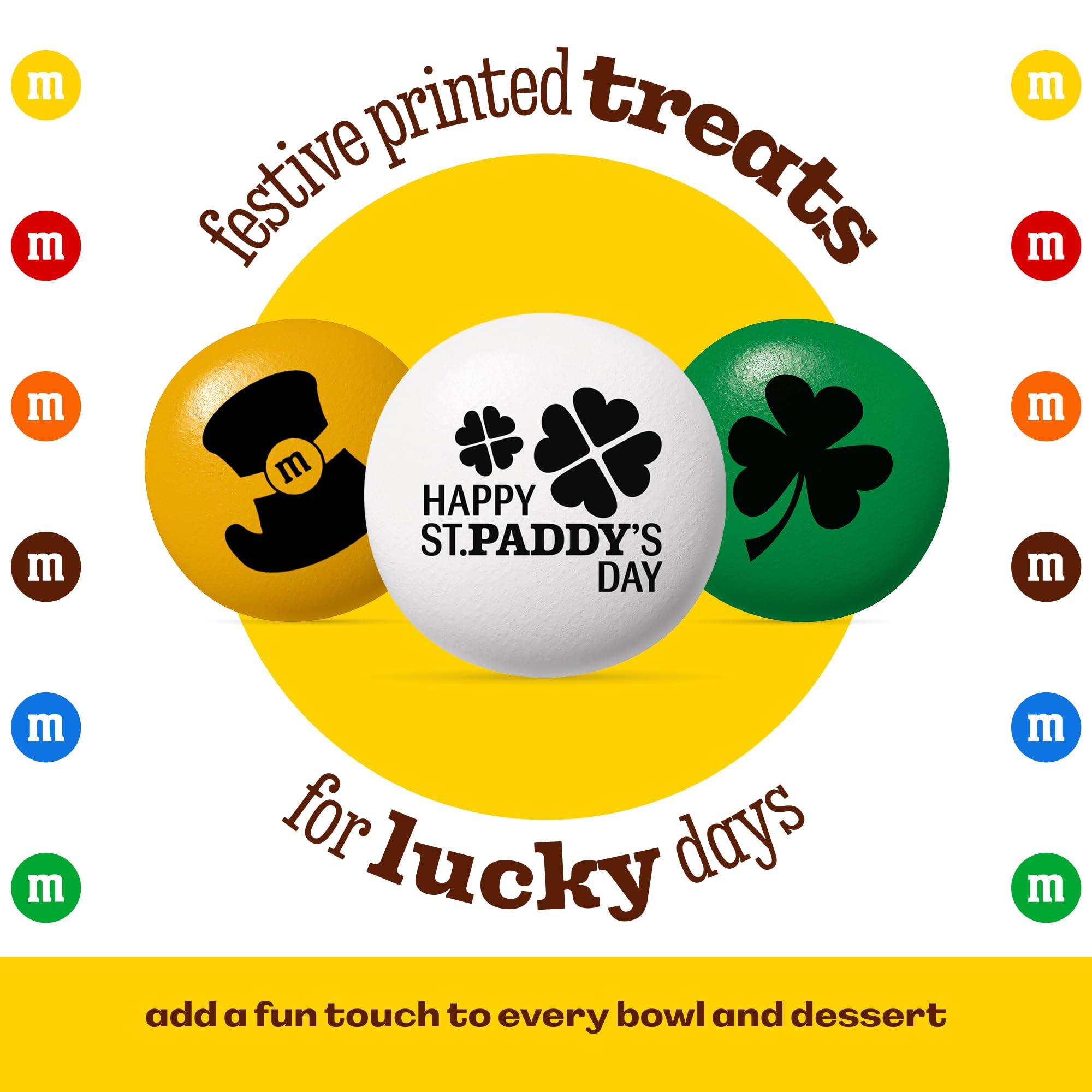 M&M'S WORLD St. Patrick’s Day design on bags highlights shamrocks and festive message.