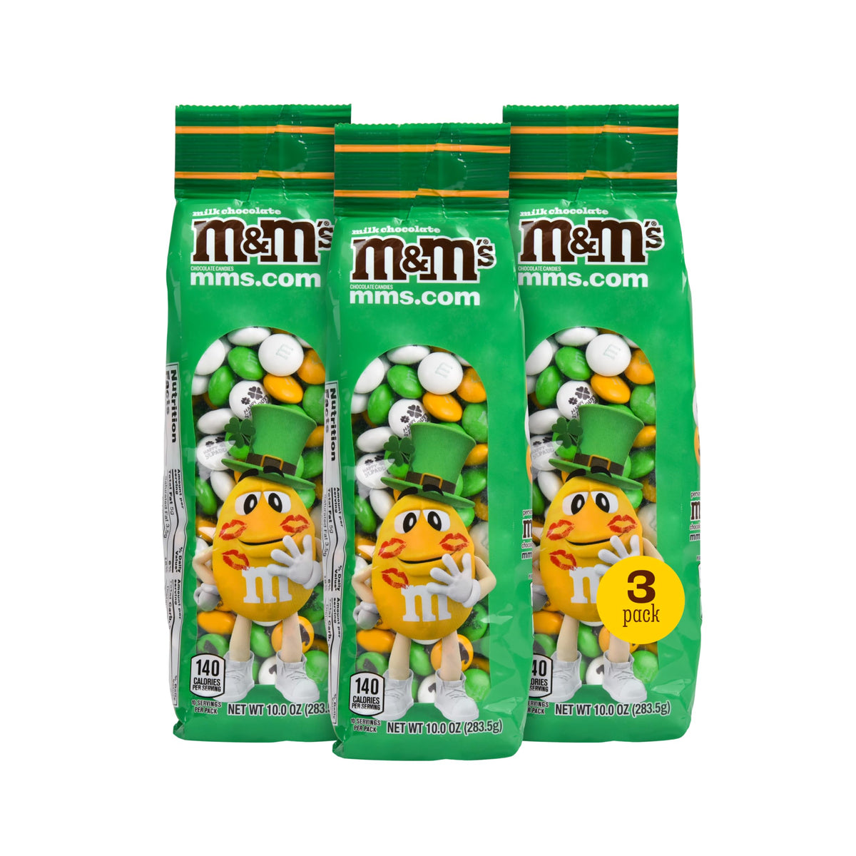 M&M'S WORLD St. Patrick’s Day bags with a window showcase colorful candy for a festive display.